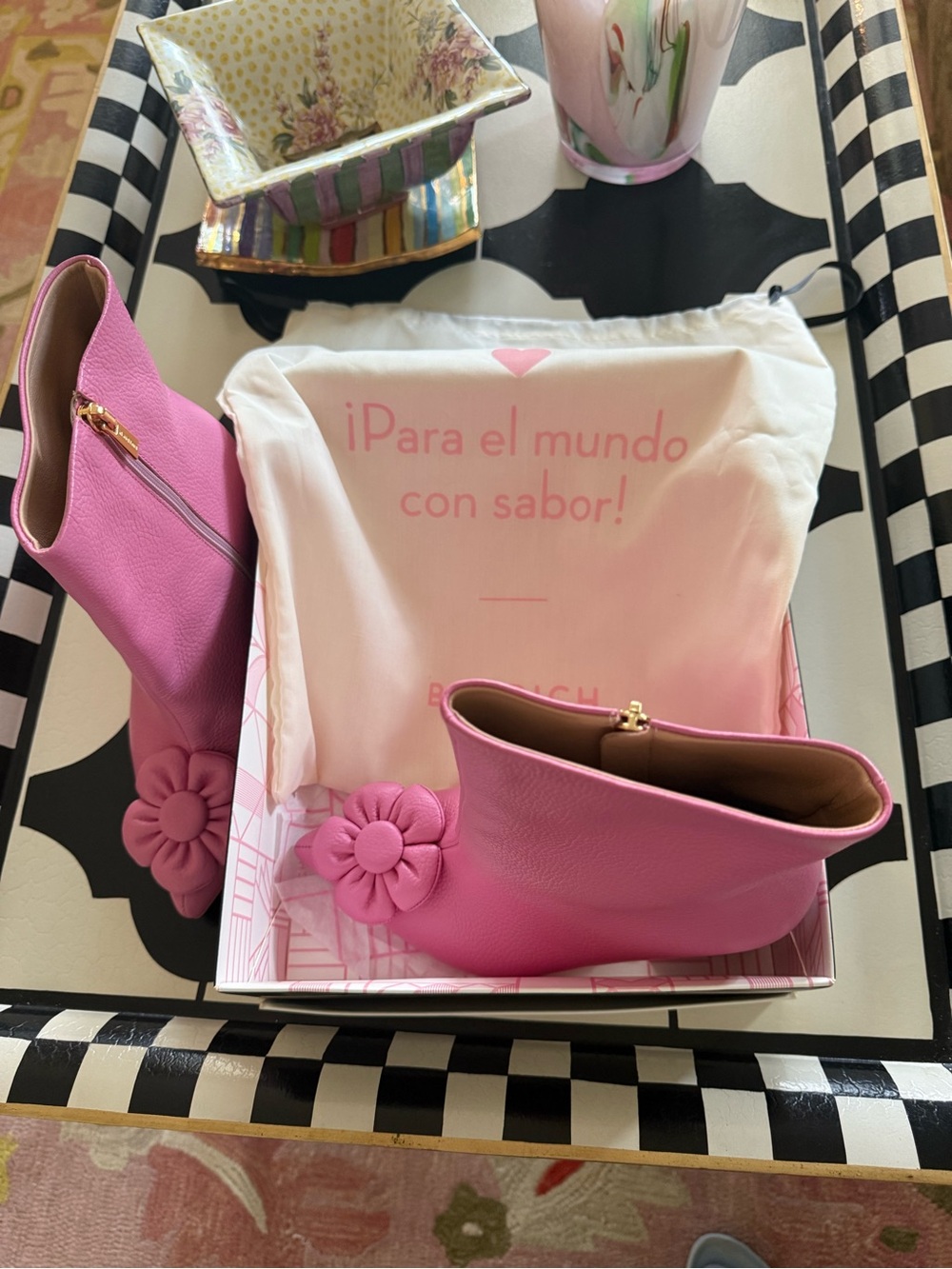 Pink Floral Appliqué Pointed-Toe Block-Heel Ankle Boots - Picture 6 of 10